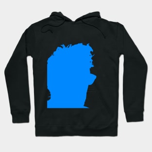 Silhouetted guy with glasses looking right and turning blue. Hoodie